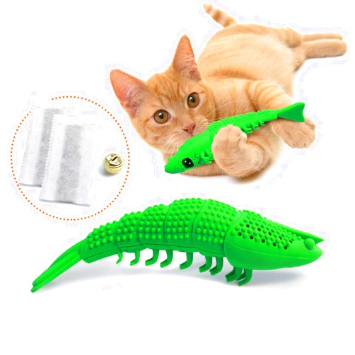 Ronton Cat Toothbrush Catnip Toy - Durable Hard Rubber - Cat Dental Care, Cat Interactive Toothbrush Chew Toy (1 Pack Green (Shrimp))