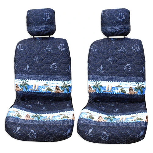 Winnie Fashion 2 Hawaiian Car Seat Covers w/ 2 Headrest Covers - Island Outrigger Black (2 Armrest Customization, Black)