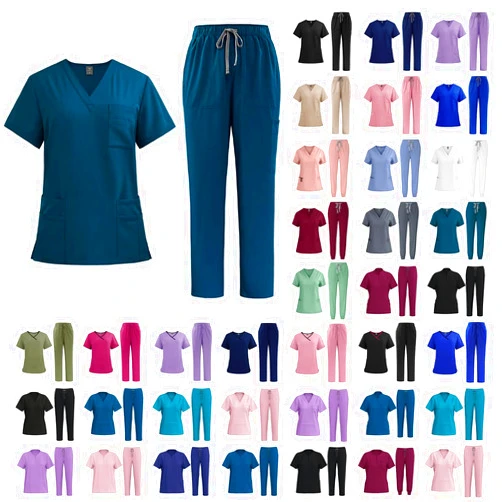 YRAETENM Scrubs for Women Set Medical Scrubs Top and Drawstring Pants Soft Nursing Uniform Scrubs Set Solid Stretch Workwear