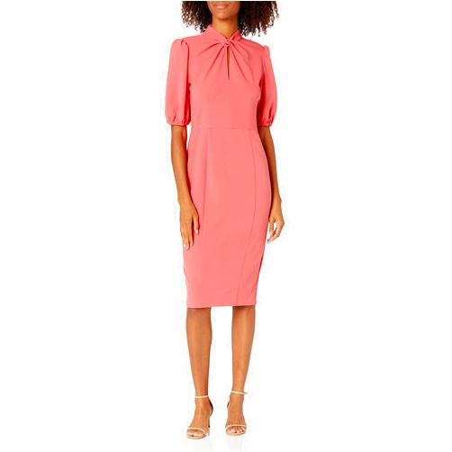 Donna Morgan Women's Short Sleeve Tie Portrait Collar Fit and Flare Stretch Crepe Dress
