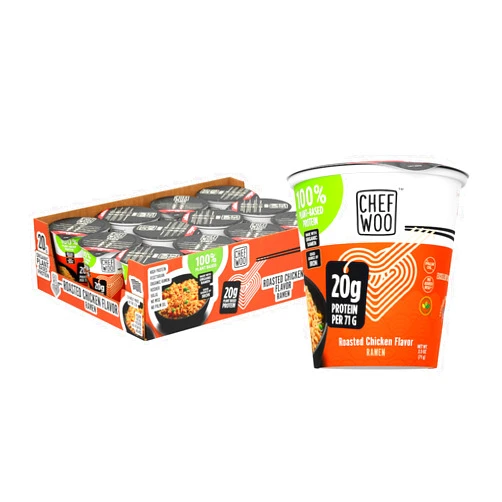 CHEF WOO Roasted Chicken Ramen Cup Noodles (12 PACK), 20g of Plant-Based Protein |Vegan |Vegetarian |Halal |Kosher |Egg-Free |Dairy Free