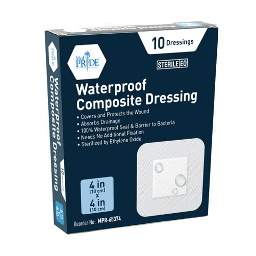 MED PRIDE Waterproof Composite 4’’ x 4’’ Wound Dressing Pads- 10-Pack, Sterile, Individually Wrapped- for Men/Women- for Pressure Ulcers, Post Op Trauma-Injury-Medium Absorbency