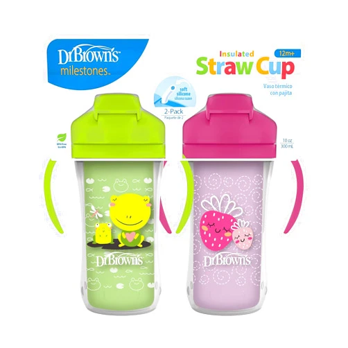 Dr. Brown's Milestones Insulated Sippy Cup with Straw and Handles, Spill-Proof Tumbler with Lid, 2-Pack, Green & Purple, 10 oz/300 mL, BPA Free, 12m+