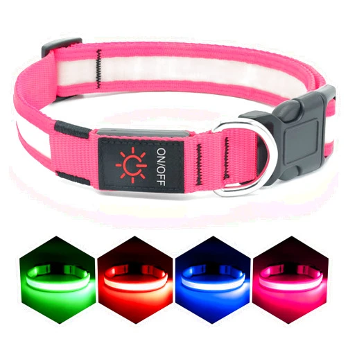 VIZPET LED Dog Collar, Light Up Dog Collar Adjustable USB Rechargeable Super Bright Safety Light Glowing Collars for Dogs (Small, Pink)