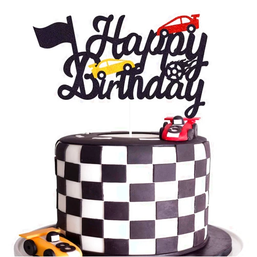 Marwey Race Car Birthday Cake Topper Happy Birthday Cake Decor Chequered Flag Themed Party Supplies Decorations(Doubled-Sided)