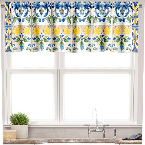Ambesonne Mediterranean Window Valance Pack of 2, Checkered Abstract Modern Curlicue Leaves and Lemons Art Oriental, Rod Pocket Curtain Valances Kitchen Bedroom, 42