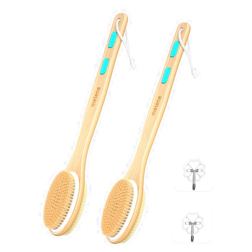 Metene 2 Pack Shower Brush with Soft and Stiff Bristles, Bath Dual-Sided Long Handle Back Scrubber Body Exfoliator for Wet or Dry Brushing