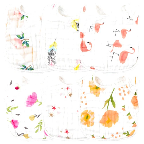 Zainpe 6Pcs Snap Muslin Cotton Bibs for Baby Flamingo Star Flower, Machine Washable Adjustable Burp Cloths with 6 Absorbent Soft Layers for Infant Newborn Toddler Drooling Feeding and Teething