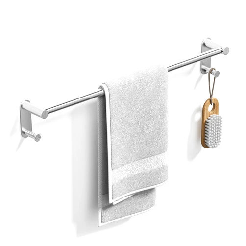 Songsoso 24 Inches Adhesive Towel Bar, Stainless Steel Sticky Self Adhesive Towel Rack for Bathroom with 2 Hooks, Silver