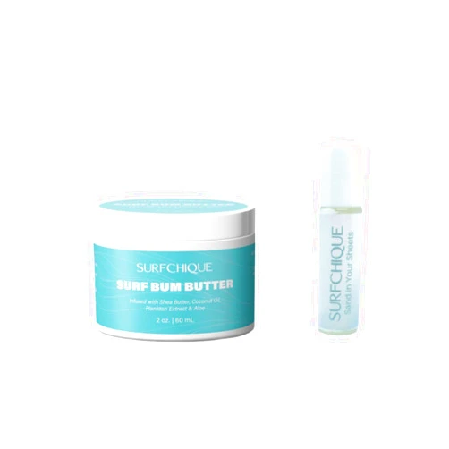 SURFCHIQUE Tropical coconut and vanilla Sand in Your Sheets perfume oil and Surf Bum Body butter
