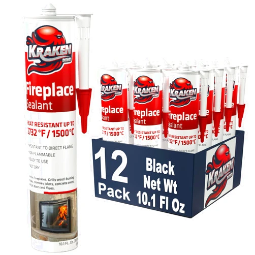 Kraken Bond High Temperature Black Fireplace Sealant 2732°F - (12x10.1 oz.) Fire Resistance Up to 2732°F, High Temp Fire Caulk for Ovens, Stoves, Chimneys - Fast Dry, Non-Flammable, Low Odor, 12 Pack