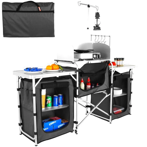 VEVOR Camping Kitchen Table, Folding Outdoor Cooking Table with Storage Carrying Bag, Aluminum Cook Station 3 Cupboard & Detachable Windscreen, Quick Set-up for Picnics, BBQ, RV Traveling, Black