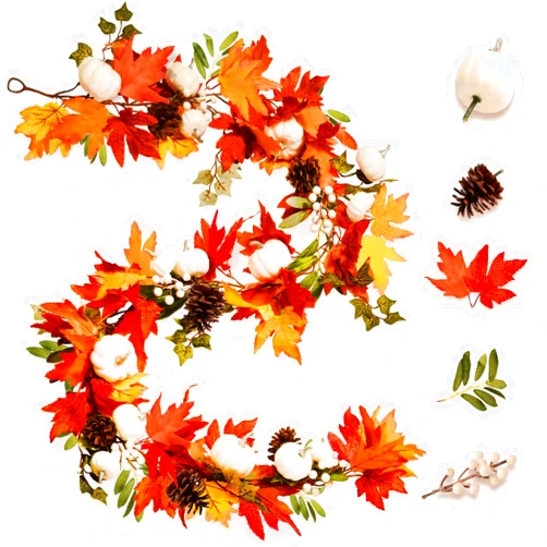 Naidiler Full Colorful Fall Maple Garland with White Pumpkins for Mantle, 6.2FT Autumn Garland Pinecones Fall Decorations for Home Fireplace Mantle Front Door Wall Stair Table Centerpiece Décor