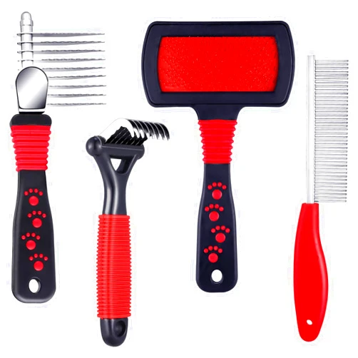 Patelai 4 Pieces Pet Grooming Kit - Dematting Combs, Slicker Brush, and Steel Comb for Removing Knots and Hair from Dogs, Cats, and Poodles