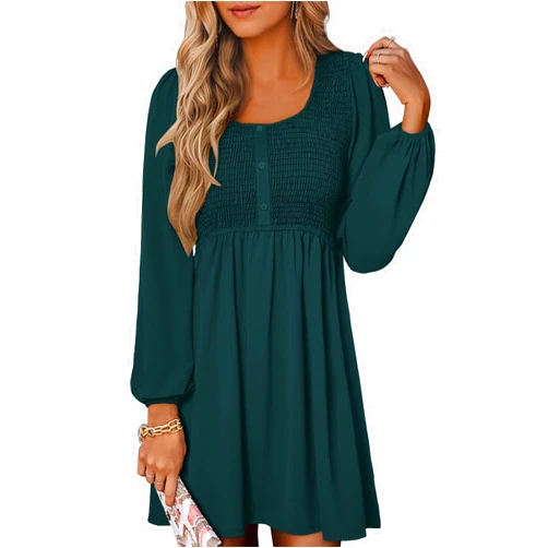 ANRABESS Womens Long Lantern Sleeve Dresses 2026 Spring Casual Smocked High Waist Flowy Short Dress with Pockets Trendy