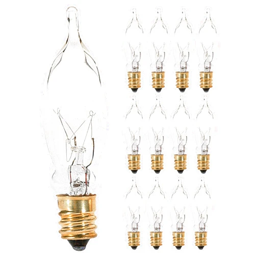 KOR (12 Pack) 7.5CFC/15/3 7.5W 120 Volt, Flame Candelabra Tip Chandelier Bulb, Clear CA5 Incandescent, Petite Decorative Lamp, E12 Candelabra Brass Plated Base, 40 Lumens, Dimmable.