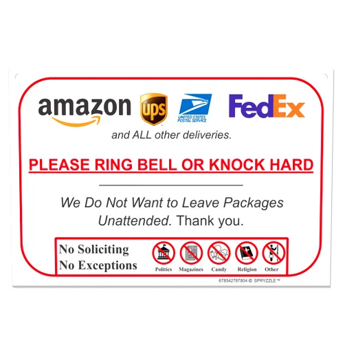 SPRYZZLE Ring Bell or Knock Hard - Do Not Leave Packages Unattended Delivery Instructions for Amazon UPS FedEx USPS and Food Deliveries, 6 x 9, Rust & Waterproof PVC - Hang Sign by SPRYZZLE