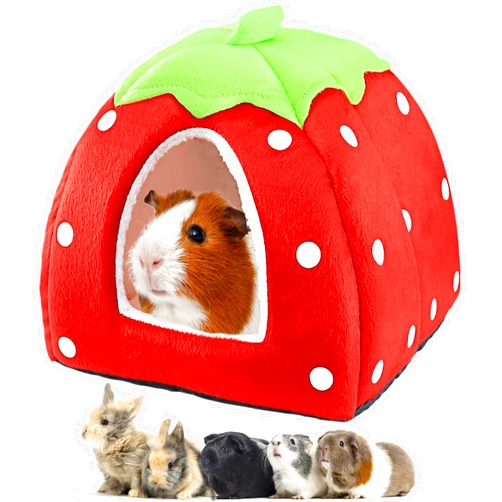 Mygeromon Guinea Pig Bed Rabbit Hideout Warm Fleece Cuddle Cup Washable Winter Sleeping House for Small Pet/Ferret/Chinchilla/Bunny (Strawberry Style)