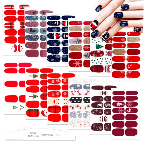 WOKOTO 12 Sheets Christmas Nail Polish Strips Wraps Self Adhesive Full Nail Wraps for Nails Santa Claus Elk Snow Man Christmas Tree Christmas Nail Decals Sticker Nails for Nail Art Gel Strips