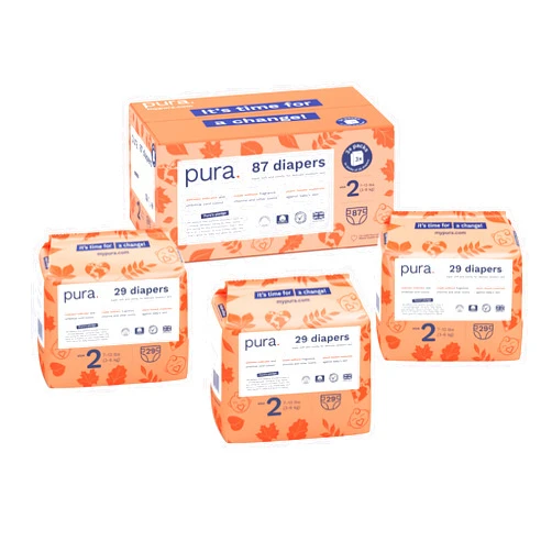 Pura Size 2 Eco-Friendly Diapers (7-13 lbs) Hypoallergenic, Soft Organic Cotton Comfort, Sustainable, Wetness Indictor. Allergy UK, Recyclable Paper Packaging. 3 Packs of 29 Diapers (87 Diapers)