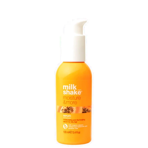 milk_shake moisture & more serum | hydrating leave-in treatment for dry hair | with milk proteins, fruit extracts & hyaluronic acid to smooth and add shine | 3.4 fl oz