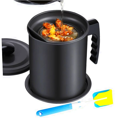 KEOUKE Bacon Grease Container with Strainer - 1.3L / 5.2 Cups Oil Storage Holder Can for Cooking, Frying with Replaceable Cleaning Brush