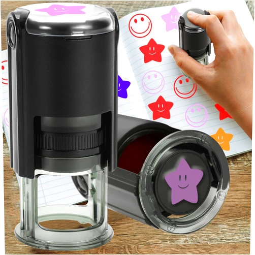 Idealiveny Self Inking Emoji-Stamps for Teachers Round Self-inkng Stamps for Classroom Grading Happy Face Stampers for Teacher Supplies Smiley Face Rubber Teacher Stamps (Happy Star-Pink)