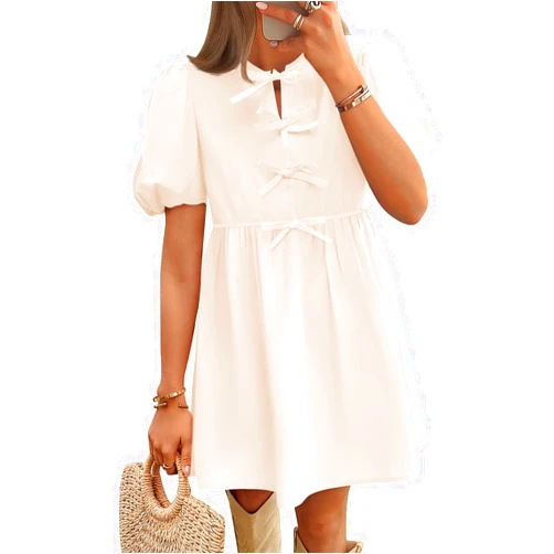 ZESICA Women's Summer Short Sleeve Tie Front Mini Dress Cute Babydoll Ruffle Pleated A Line Tunic Dresses