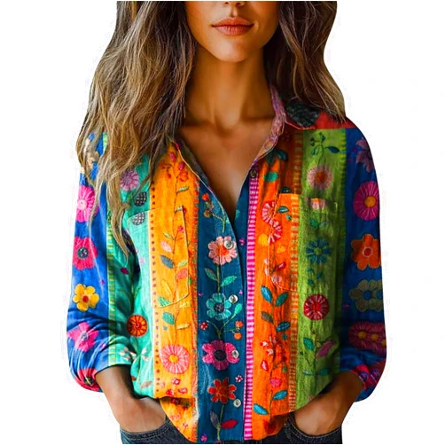 Generic Womens Ethnic Shirts Floral Print Button Down Shirt Lightweight Fashion Linen Long Sleeve Blouse Boho Shirts Casual Tops