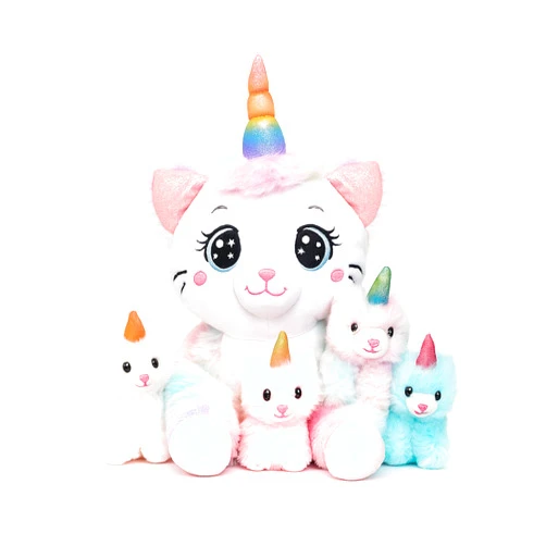 Chirpy Chums Dreamy Caticorn Family – 15” Magical Unicorn Cat Plush with 4 Kittens – Ultra-Soft Stuffed Animal, Zipper Belly Surprise – Magical Pillow Plushies, Big Plush Toy Gift for Kids Ages 3+