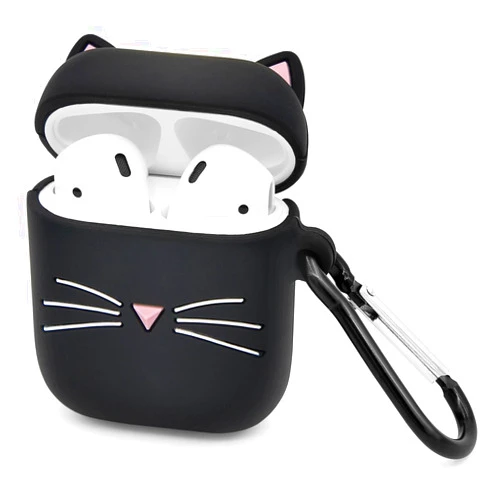 MEGANTREE Cute Airpods Case, Airpods 2 Case, Black Whisker Cat Kitty Funny Kawaii 3D Cartoon Animals Full Protection Shockproof Soft Silicone Charging Case Cover with Keychain for Girl Women Kids
