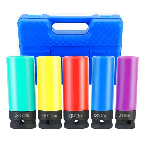 DASBET 1/2 Inch Drive Wheel Protector Impact Socket Set, 5PCS Impact Lug Nut Socket Set 6 Point Non-Marring Thin Wall Wheel Protector Nut Socket, Color-Coded Metric 15 17 19 21 22mm