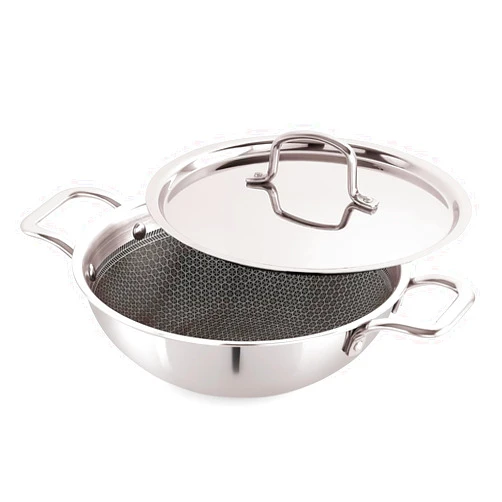 Tanish Trading Triply Stainless Steel Honeycomb Pattern Stainless Steel Wok with Honeycomb Pattern, 24cm, 2.1 Liter Capacity, Scratch Resistant, Gas & Induction Compatible, Silver