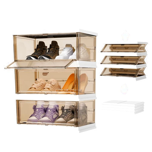HAIXIN 3 Tier Large Integrated Shoe Storage Boxes, Clear Foldable Shoe Organizer for Closet, Stackable Shoe Rack Sneaker Containers with Magnetic Clear Door, One-Piece Shoe Storage Cabinet - Brown