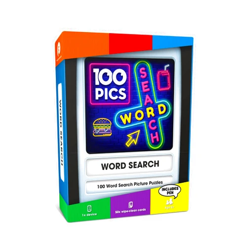 100 PICS Word Search Travel Game - 100 Puzzles with Picture Clues | 50 Wipe Clean Cards with Slide Reveal case and Pen | Activity, Gift, Stocking Stuffer | for Kids and Adults, Age 6+