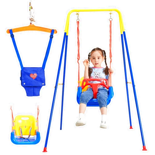 Gribouillage 3-in-1 Toddler Swing Set with Baby Jumper, Baby Swing with Bouncers, Foldable Metal Stand for Indoor/Outdoor Play, Easy to Assemble and Store at Home Garage