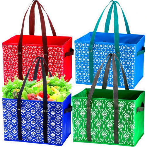 WUWEOT 4 Pack Reusable Grocery Bags, Large Shopping Box Tote, Foldable Washable Storage Bins with Reinforced Bottom Heavy Duty Handles for Fruit Vegetable Clothes Toys and Picnic