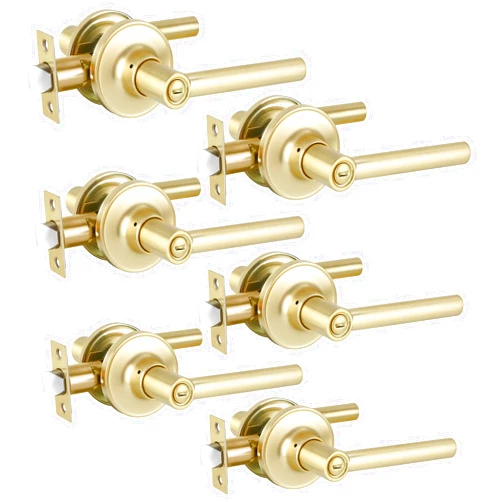 Heittis 6 Set Satin Brass Door Handle, Gold Interior Door Handle Privacy Door Lever with No Keys for Bedroom Bathroom, Reversible for Right & Left Sided Doors