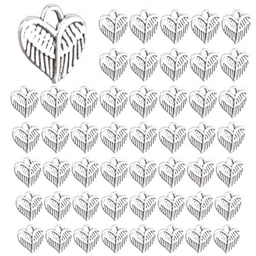 Framendino, 100 Pieces Angel Wings Charms Feathers Charms Vintage Alloy Heart Shape Angel Wing Dangle Pendants for DIY Bracelet Necklace Jewelry Making Supplies Gifts