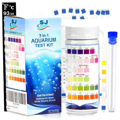 SJ WAVE Aquarium Water Test Kit – 7 in 1 Fish Tank Water Testing Kit & eBook – Contains 100 Aquarium Test Strips & 1 Fish Tank Thermometer - Aquarium Test Kit Freshwater - Pond Water Test Kit