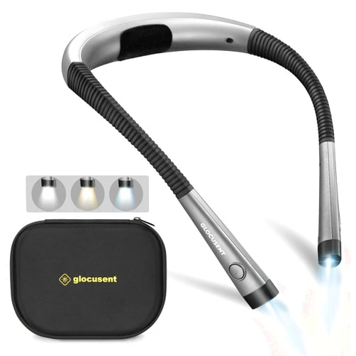 Glocusent Book Light with EVA Case, 3-Color & 6-Brightness Reading Light, Bendable Neck Light, Durable Rechargeable Lamp, Perfect Book Light for Reading in Bed, Knitting, Repairing, Book Lovers Gifts