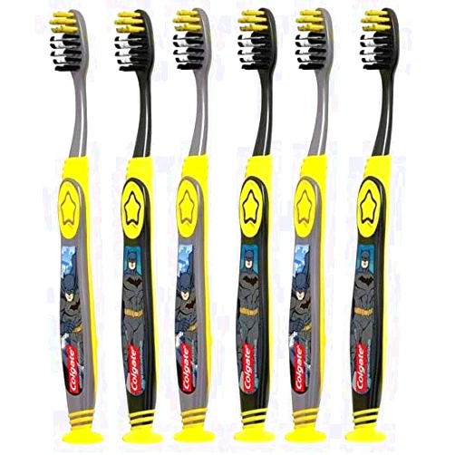 Colgate Batman Toothbrush for Children with Suction Cup, Kids 5+ Years Old, Extra Soft, Pack of 6