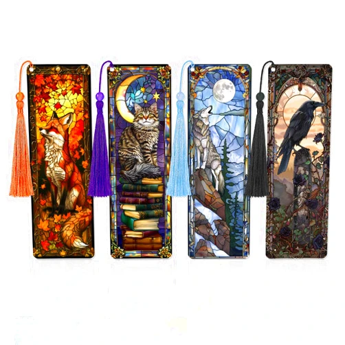 Zaamwoyy 4 Pcs Fantasy Animal Bookmarks Gifts for Reading Women, Stained Glass Transparent PVC Book Marks with Tassels, Cute Black Cat Design Gift, Cool Book Accessories for Book Lovers Bookish