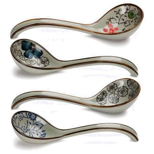 Evannt Ceramic Soup Spoons Set of 4 Porcelain Japanese Soup Spoon Long Handle Asian Soup Spoon Sets for Pho Ramen Noodles Wonton Dumpling Rice (Model 2#)