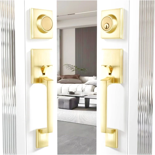 Leydebong Double Door Lock Set, Heavy Duty Lever and Single Cylinder Deadbolt Combo for Side by Side Entrance Exterior Doors, Modern Double Front Door Hardware Set with Reversible Handle Lever