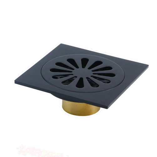 Antrader Odor-Proof Floor Drain, Copper Bathroom Tile Insert Shower Drainer with Removable Strainer Cover, 4-inch Square Anti-Clogging for Kitchen Balcony Garage, Matte Black