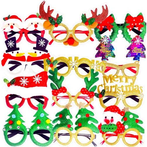 Anclicany 12 Pieces Christmas Glasses, Christmas Party EyeGlasses Frame, Glitter Xmas Creative Eyewear for Holiday Favors for Adults Kids Assorted Styles