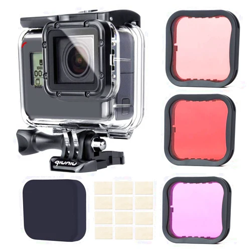 QiuNiu Waterproof housing case for GroPro Hero 5 6 7 Black Action Camera with Underwater Photography Filters - Red, Light Red and Magenta; Straight-in Design; Waterproof up to 147 feet