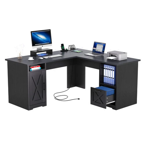 YITAHOME L Shaped Desk with Power Outlets, 60 Inch Computer Desk Corner Desk with File Drawer, Home Office Desk with Monitor Stand & Storage Shelves, L-Shaped Desk with File Cabinet, Black