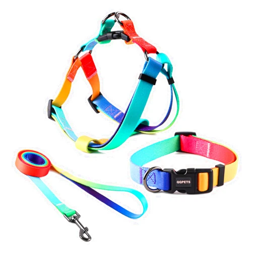 QQPETS Dog Harness Collar Leash - No Pull Pet Adjustable Back Clip Halter Basic Collar Heavy Duty 5FT Anti-Twist Leash for Extra Small Puppy Medium Large Breed Training Easy Walk(M,MultiRainbow)